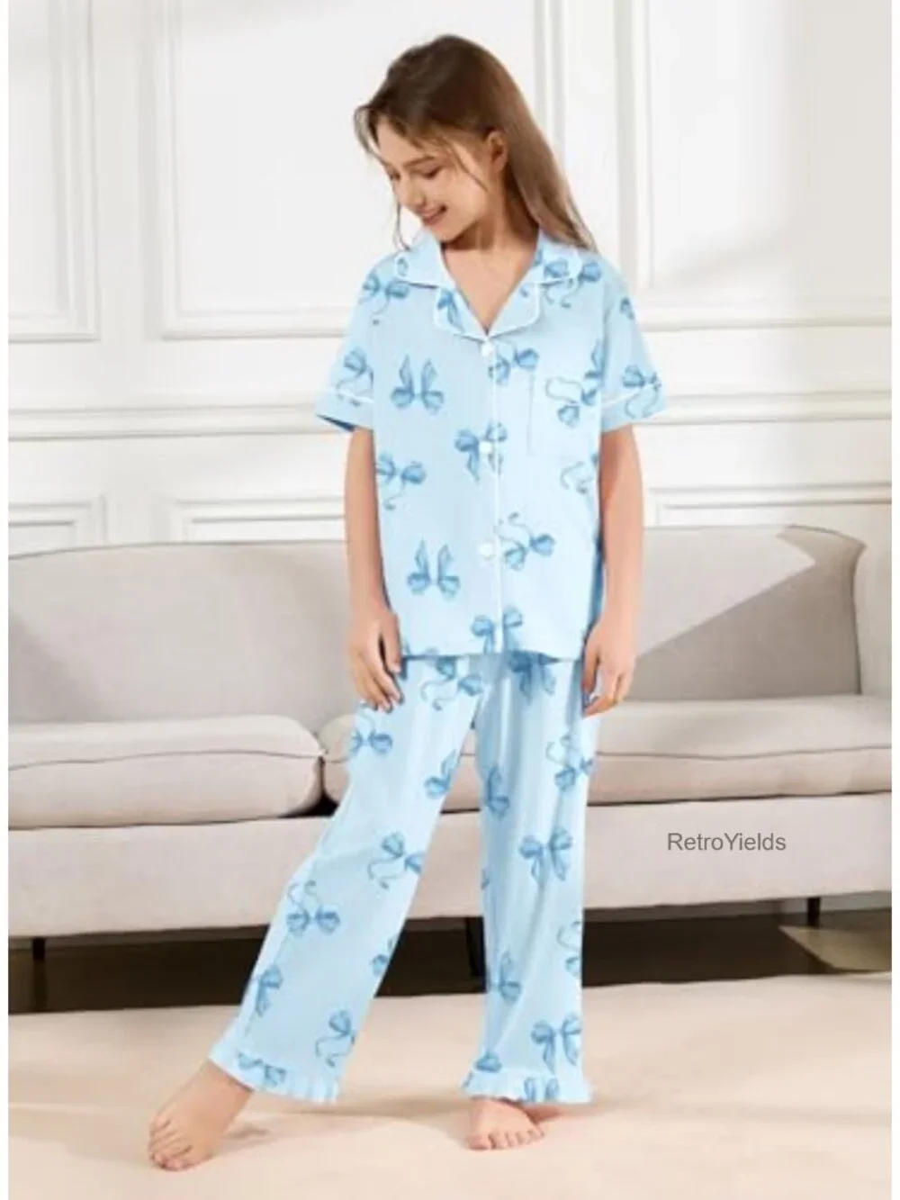 Girls Pajama Set 2-Piece Short Sleeve Button Down Top with Ruffle Pants